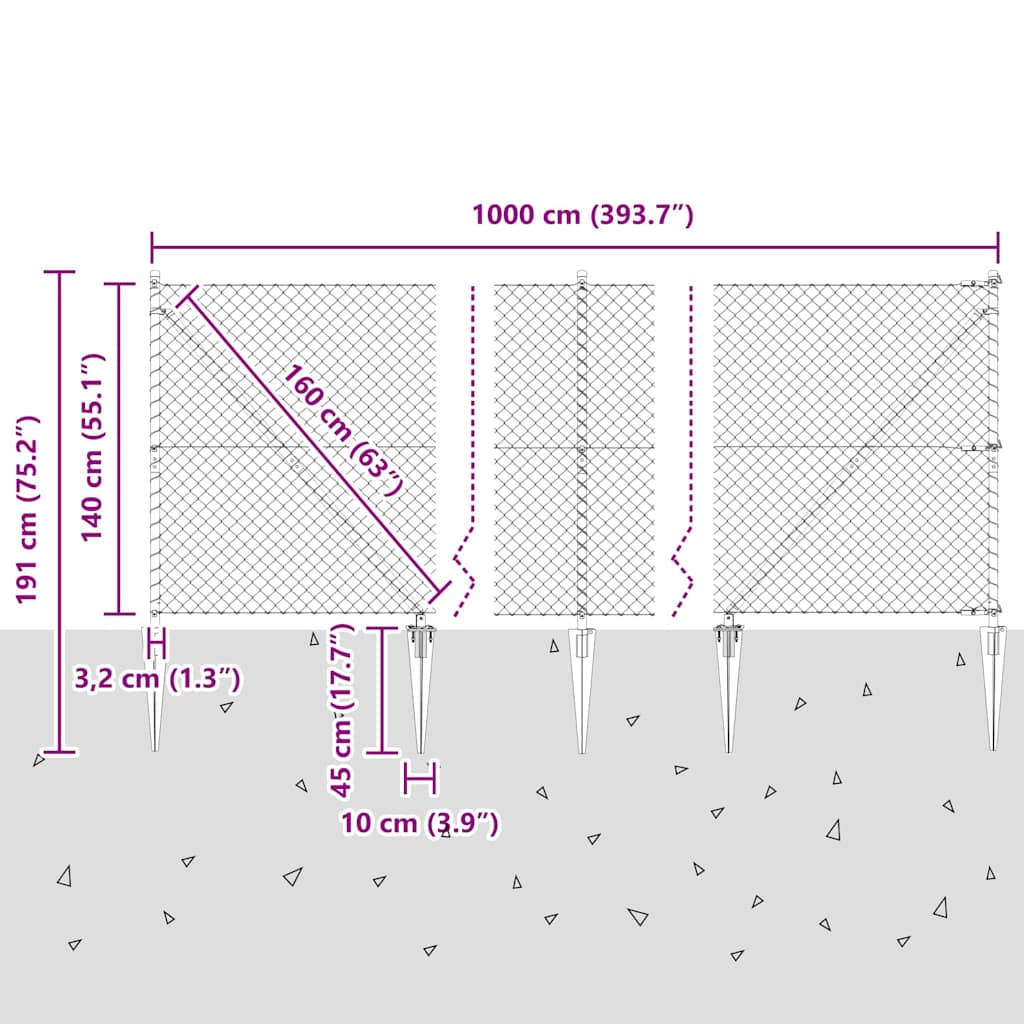 Kettengliedzaun mit Pfosten Silber 1,4 x 10 m Stahl